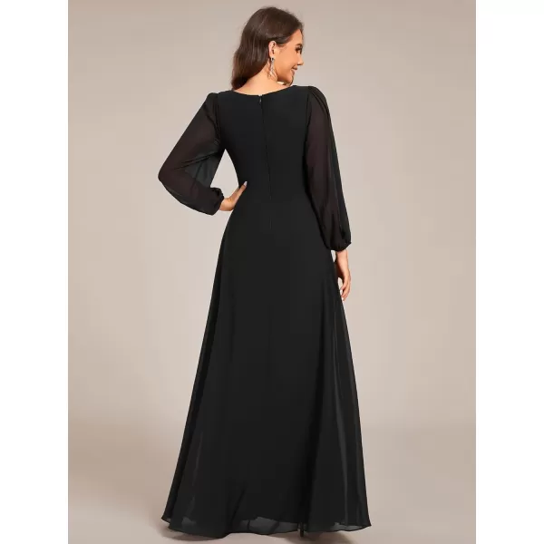 imageEverPretty Womens VNeck Lantern Sleeves ALine Pleated Chiffon Maxi Formal Dress 02235Black