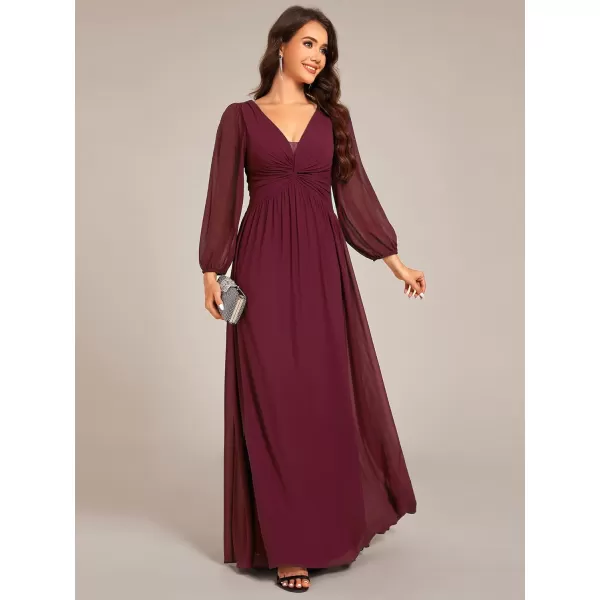 imageEverPretty Womens VNeck Lantern Sleeves ALine Pleated Chiffon Maxi Formal Dress 02235Burgundy