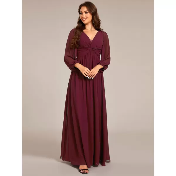 imageEverPretty Womens VNeck Lantern Sleeves ALine Pleated Chiffon Maxi Formal Dress 02235Burgundy