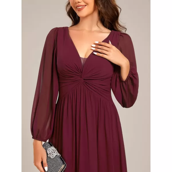 imageEverPretty Womens VNeck Lantern Sleeves ALine Pleated Chiffon Maxi Formal Dress 02235Burgundy