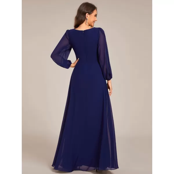 imageEverPretty Womens VNeck Lantern Sleeves ALine Pleated Chiffon Maxi Formal Dress 02235Navy Blue