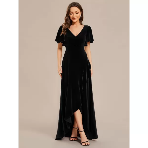 imageEverPretty Womens Velvet Ruffle Sleeve VNeck Wrap Waist Maxi Dress High Low Wedding Guest Dresses 02041Black