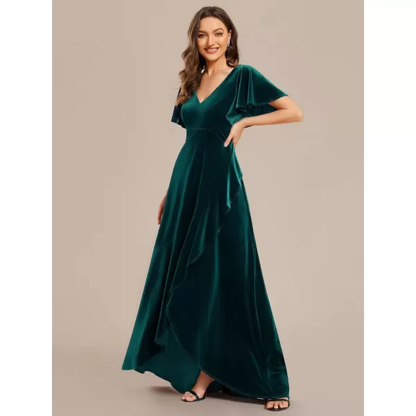 imageEverPretty Womens Velvet Ruffle Sleeve VNeck Wrap Waist Maxi Dress High Low Wedding Guest Dresses 02041Dark Green