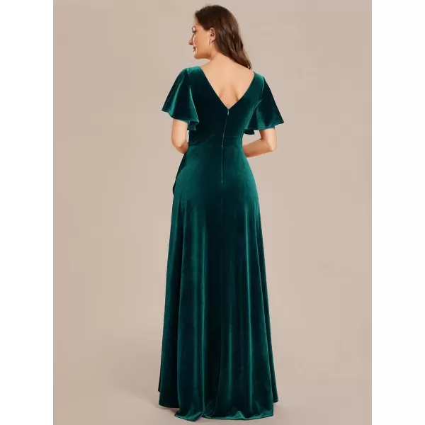 imageEverPretty Womens Velvet Ruffle Sleeve VNeck Wrap Waist Maxi Dress High Low Wedding Guest Dresses 02041Dark Green