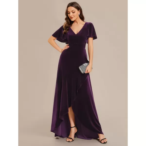 imageEverPretty Womens Velvet Ruffle Sleeve VNeck Wrap Waist Maxi Dress High Low Wedding Guest Dresses 02041Dark Purple