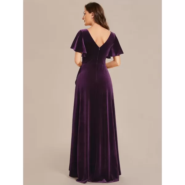 imageEverPretty Womens Velvet Ruffle Sleeve VNeck Wrap Waist Maxi Dress High Low Wedding Guest Dresses 02041Dark Purple