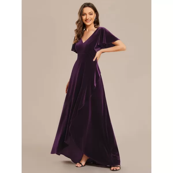 imageEverPretty Womens Velvet Ruffle Sleeve VNeck Wrap Waist Maxi Dress High Low Wedding Guest Dresses 02041Dark Purple