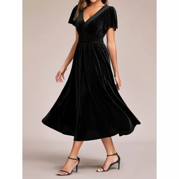 imageEverPretty Womens Vintage Velvet Wedding Guest Dresses Elastic Waist A Line Short Sleeves Formal DressBlack