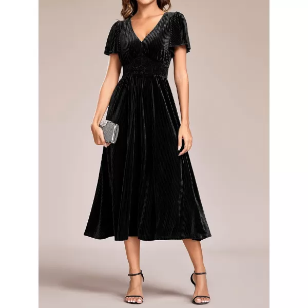 imageEverPretty Womens Vintage Velvet Wedding Guest Dresses Elastic Waist A Line Short Sleeves Formal DressBlack