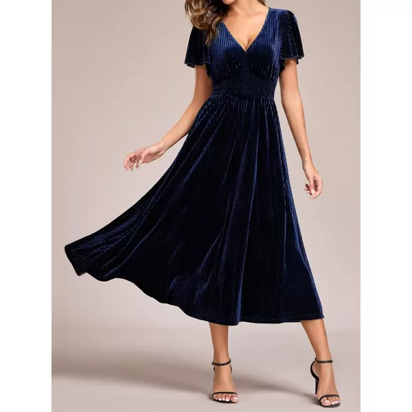 imageEverPretty Womens Vintage Velvet Wedding Guest Dresses Elastic Waist A Line Short Sleeves Formal DressNavy Blue