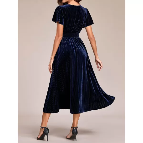 imageEverPretty Womens Vintage Velvet Wedding Guest Dresses Elastic Waist A Line Short Sleeves Formal DressNavy Blue