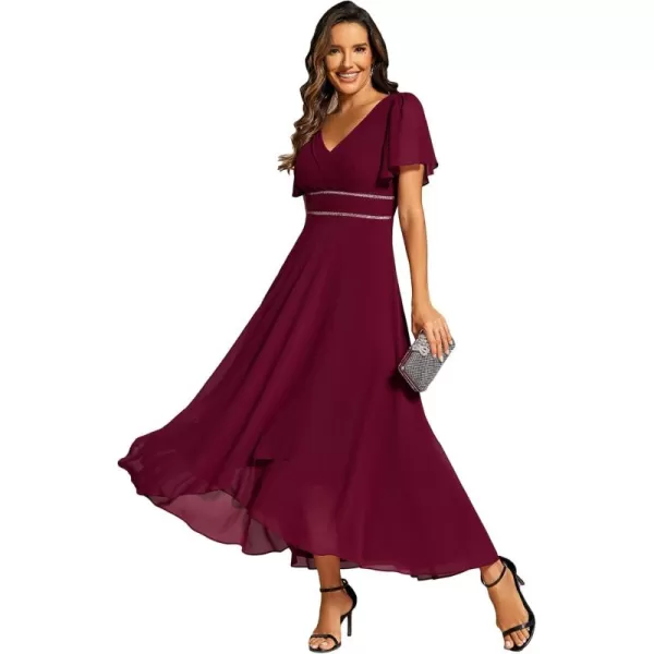 imageEverPretty Womens Formal Dress V Neck Ruffles Sleeves Empire Waist A Line Pleated Chiffon Evening Dresses 41981Burgundy