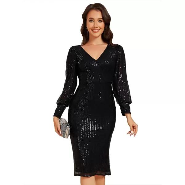 imageEverPretty Womens Formal Lantern Long Sleeve Fall Sequin Knee Length Dress High Waist Wedding Guest Dresses 02268Black