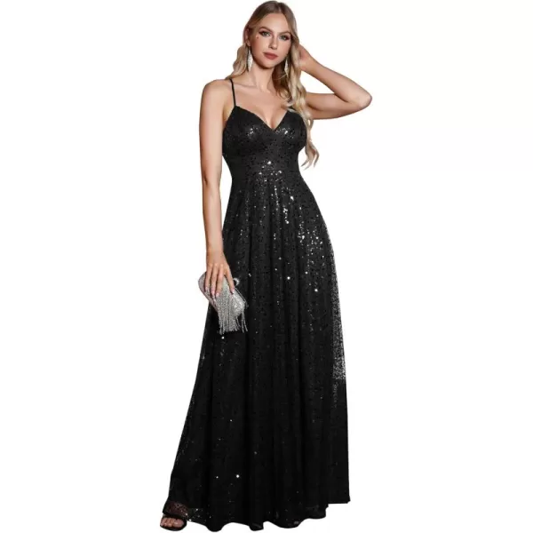 imageEverPretty Womens V Neck Sequin Sleeveless A Line Backless Summer Dresses Floor Length Evening Dresses 02176Black