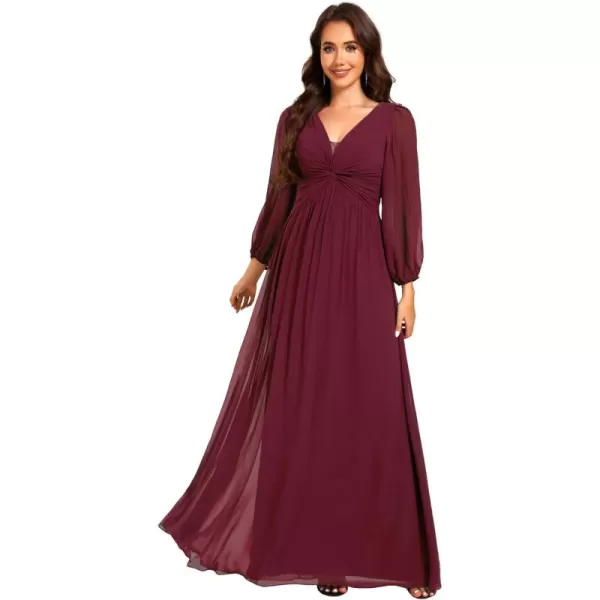 imageEverPretty Womens VNeck Lantern Sleeves ALine Pleated Chiffon Maxi Formal Dress 02235Burgundy