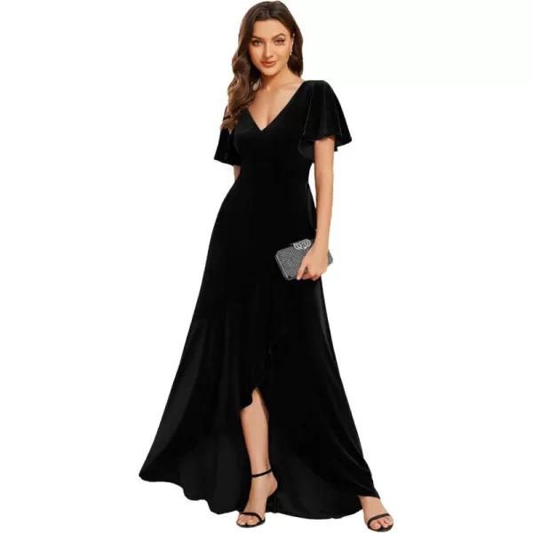 imageEverPretty Womens Velvet Ruffle Sleeve VNeck Wrap Waist Maxi Dress High Low Wedding Guest Dresses 02041Black