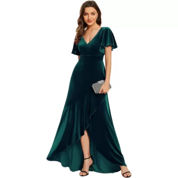 imageEverPretty Womens Velvet Ruffle Sleeve VNeck Wrap Waist Maxi Dress High Low Wedding Guest Dresses 02041Dark Green