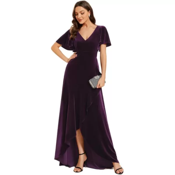 imageEverPretty Womens Velvet Ruffle Sleeve VNeck Wrap Waist Maxi Dress High Low Wedding Guest Dresses 02041Dark Purple