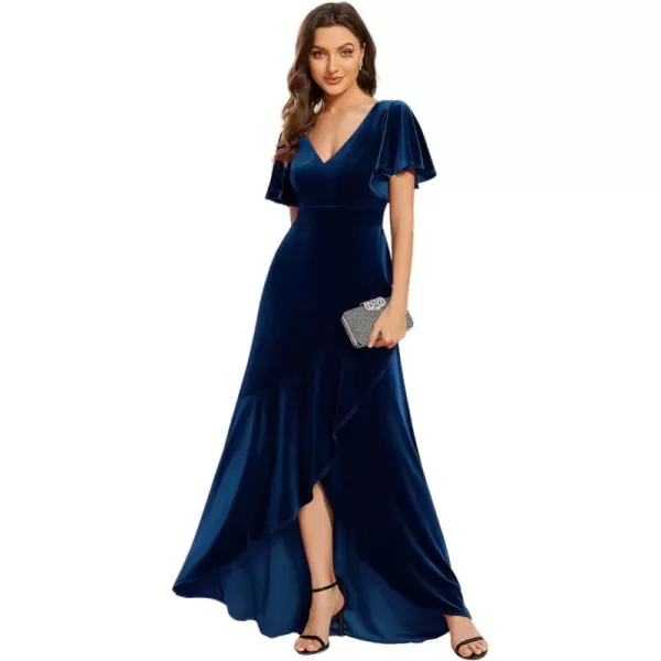 imageEverPretty Womens Velvet Ruffle Sleeve VNeck Wrap Waist Maxi Dress High Low Wedding Guest Dresses 02041Navy Blue