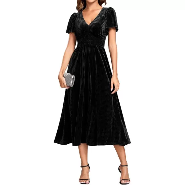 imageEverPretty Womens Vintage Velvet Wedding Guest Dresses Elastic Waist A Line Short Sleeves Formal DressBlack