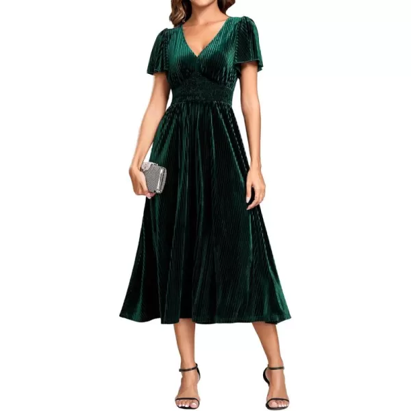 imageEverPretty Womens Vintage Velvet Wedding Guest Dresses Elastic Waist A Line Short Sleeves Formal DressDeep Green