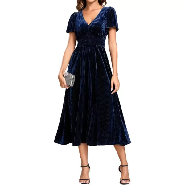 imageEverPretty Womens Vintage Velvet Wedding Guest Dresses Elastic Waist A Line Short Sleeves Formal DressNavy Blue