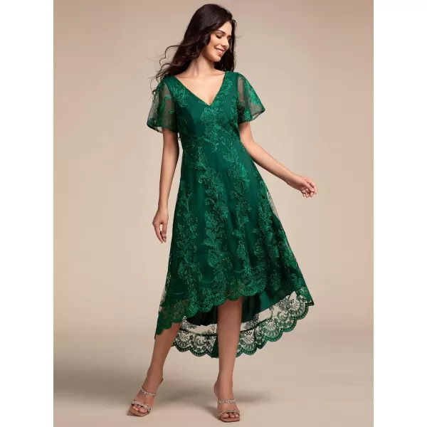 imageEverPretty Womens Wedding Guest Dress V Neck Ruffles Sleeves Embroidery High Low Formal Dresses 02255Dark Green