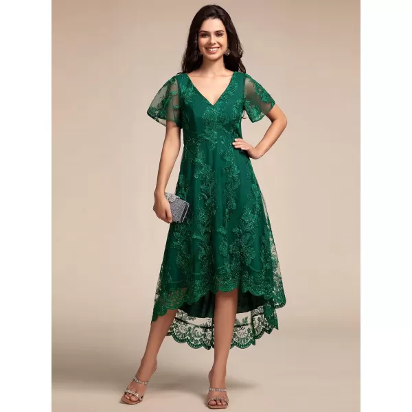 imageEverPretty Womens Wedding Guest Dress V Neck Ruffles Sleeves Embroidery High Low Formal Dresses 02255Dark Green