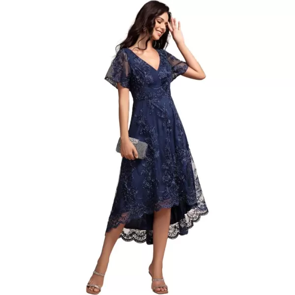 imageEverPretty Womens Wedding Guest Dress V Neck Ruffles Sleeves Embroidery High Low Formal Dresses 02255Navy Blue