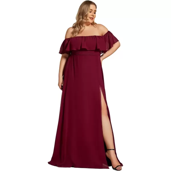 imageEverPretty Womens Off Shoulder Ruffle Sleeves Side Split Chiffon Plus Size Semi Formal Dresses for Women 00968DABurgundy