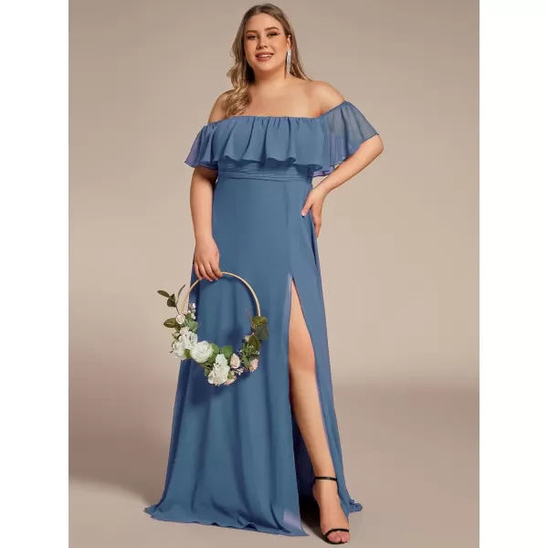 imageEverPretty Womens Off Shoulder Ruffle Sleeves Side Split Chiffon Plus Size Semi Formal Dresses for Women 00968DADusty Blue