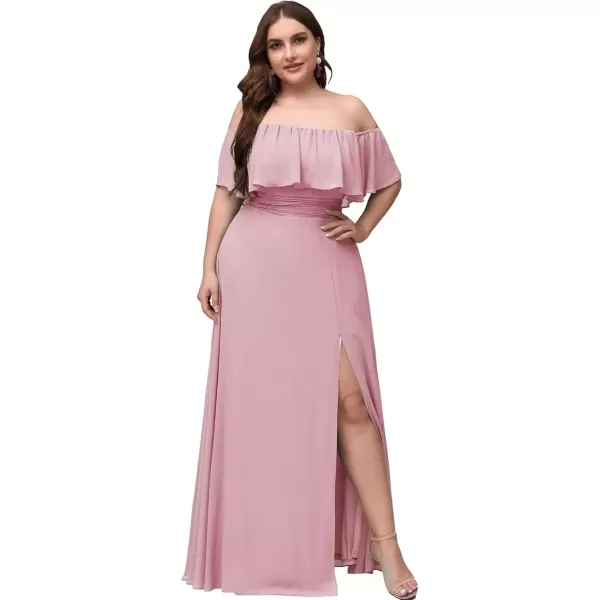 imageEverPretty Womens Off Shoulder Ruffle Sleeves Side Split Chiffon Plus Size Semi Formal Dresses for Women 00968DADusty Pink