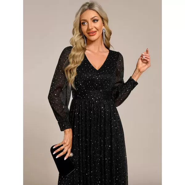 imageEverPretty Womens Glitter Long Sleeves A Line VNeck Midi Length Wedding Guest Dresses 02273Black