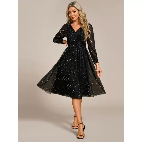 imageEverPretty Womens Glitter Long Sleeves A Line VNeck Midi Length Wedding Guest Dresses 02273Black