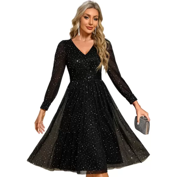 imageEverPretty Womens Glitter Long Sleeves A Line VNeck Midi Length Wedding Guest Dresses 02273Black