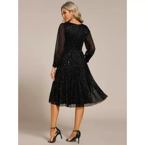 imageEverPretty Womens Glitter Long Sleeves A Line VNeck Midi Length Wedding Guest Dresses 02273Black