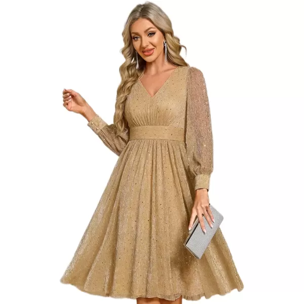 imageEverPretty Womens Glitter Long Sleeves A Line VNeck Midi Length Wedding Guest Dresses 02273Gold