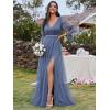 imageEverPretty Womens Sexy VNeck Empire Waist Flowy Pleated Slit Tulle 34 Sleeves Bridesmaid Dresses S0003Dusty Navy