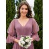 imageEverPretty Womens Sexy VNeck Empire Waist Flowy Pleated Slit Tulle 34 Sleeves Bridesmaid Dresses S0003Orchid