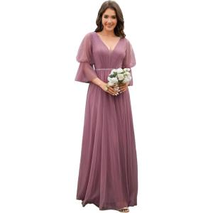 imageEverPretty Womens Sexy VNeck Empire Waist Flowy Pleated Slit Tulle 34 Sleeves Bridesmaid Dresses S0003Orchid