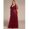 imageEverPretty Womens Plus Size VNeck Sequin Emboridery Formal Evening Dresses with Sleeves 00736DABurgundy