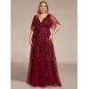 imageEverPretty Womens Plus Size VNeck Sequin Emboridery Formal Evening Dresses with Sleeves 00736DABurgundy