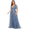 imageEverPretty Womens Plus Size VNeck Sequin Emboridery Formal Evening Dresses with Sleeves 00736DAHaze Blue