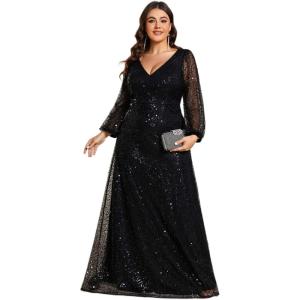 imageEverPretty Womens ALine V Neck Sheer Long Sleeves Plus Size Sequin Formal Dress 01999DABlack