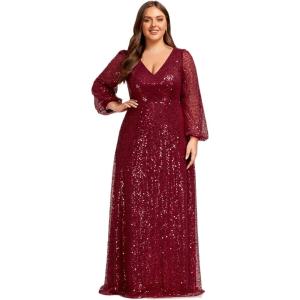 imageEverPretty Womens ALine V Neck Sheer Long Sleeves Plus Size Sequin Formal Dress 01999DABurgundy