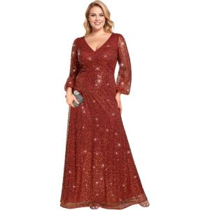 imageEverPretty Womens ALine V Neck Sheer Long Sleeves Plus Size Sequin Formal Dress 01999DABurnt Orange