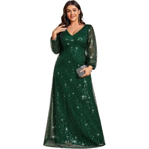 imageEverPretty Womens ALine V Neck Sheer Long Sleeves Plus Size Sequin Formal Dress 01999DADark Green