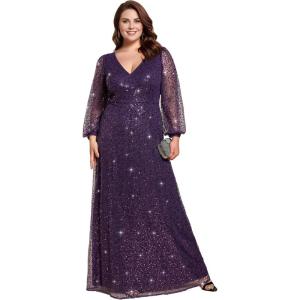 imageEverPretty Womens ALine V Neck Sheer Long Sleeves Plus Size Sequin Formal Dress 01999DADeep Purple