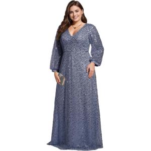 imageEverPretty Womens ALine V Neck Sheer Long Sleeves Plus Size Sequin Formal Dress 01999DADusty Blue