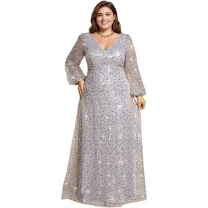 imageEverPretty Womens ALine V Neck Sheer Long Sleeves Plus Size Sequin Formal Dress 01999DASilver